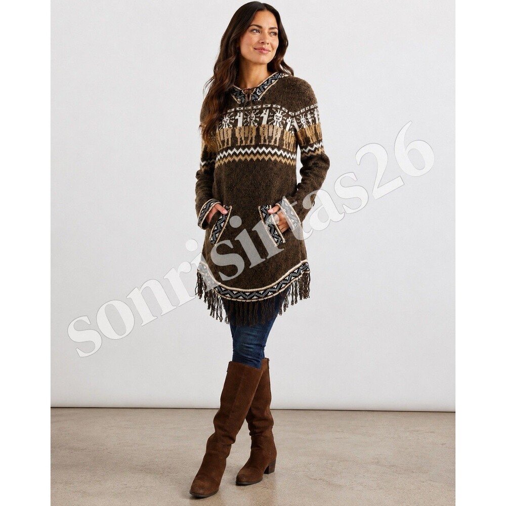 Kactus Artesanias Peruvian Handmade Wool Hooded Fringe Sweater Tunic S/M Boho